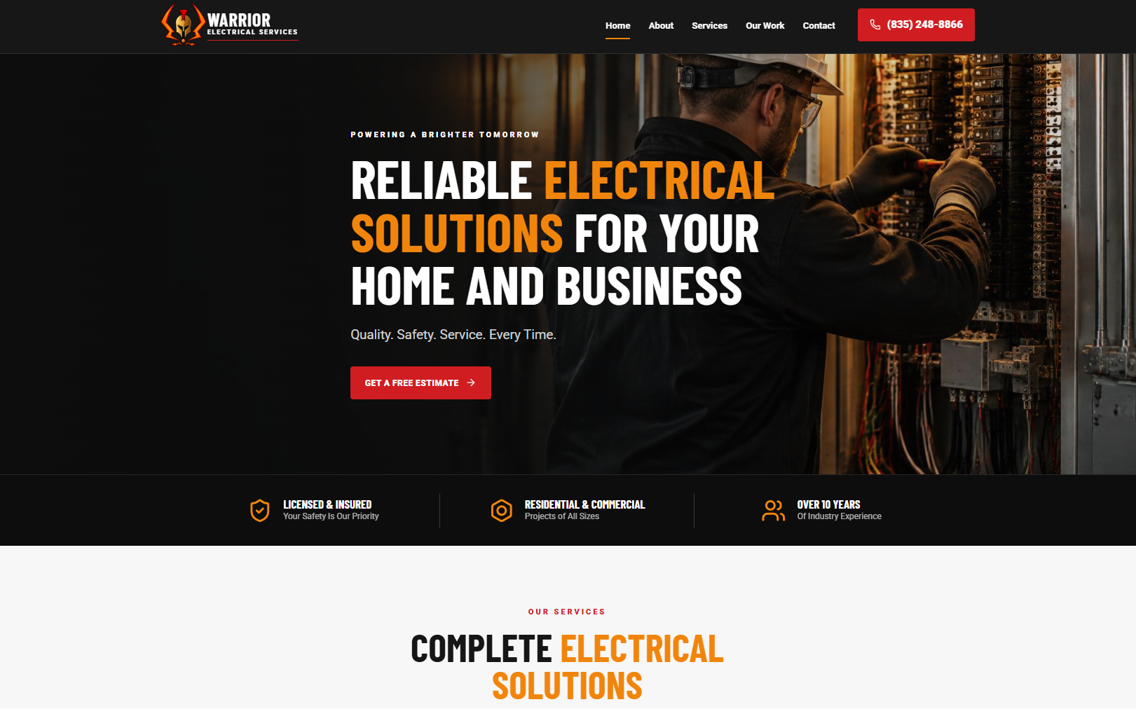 Commercial electrician website example supplied as a design reference